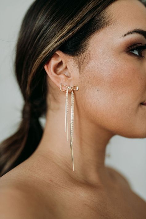 Gold Bow Earrings | Gold Bowknot Drop Earrings | Dangle Bow Statement Earrings | Bridal Drop Earrings | Blair Earrings Prom Statement Earrings, Bow Dangle Earrings, Gold Prom Jewelry Earrings, Silver Bow Earrings, Gold Bow Earrings, Grad Earrings, Prom Earrings Gold, Gold Prom Earrings, Wedding Statement Earrings