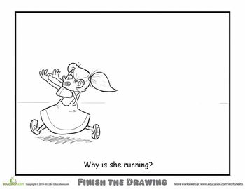 Worksheets: Finish the Drawing: Why Is She Running? Finish The Drawing Worksheets, Complete The Drawing, Finish The Drawing, Drawing Ideas For Kids, Drawing Prompts, Art Worksheets, Art Therapy Activities, Drawing Prompt, Homeschool Art