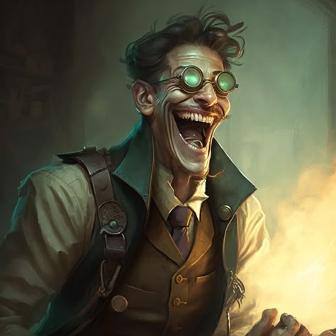 Frankenstein's Monster Concept Art, Mad Scientist Fantasy Art, Dnd Frankenstein, Scientist Fantasy Art, Dnd Scientist Character, Dnd Crazy Character, Dnd Scientist, Crazy Scientist Character Design, Mad Doctor Character Design