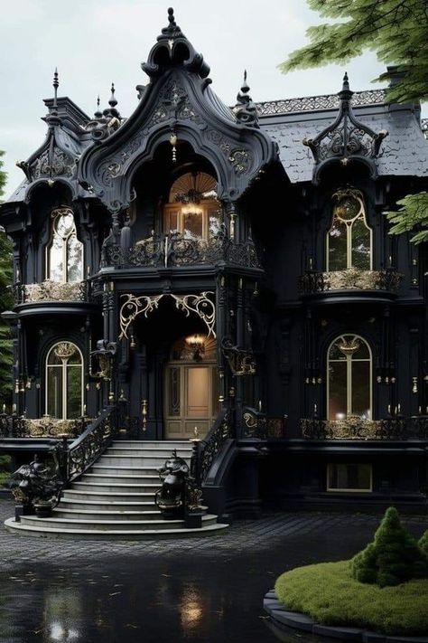 Black Victorian Bedroom, Gothic Victorian House Plans, Gothic Cottagecore Aesthetic, Modern Gothic House, Gothic Houses, Victorian Gothic House, Gothic Lifestyle, Gothic Victorian House, White Picket Fences