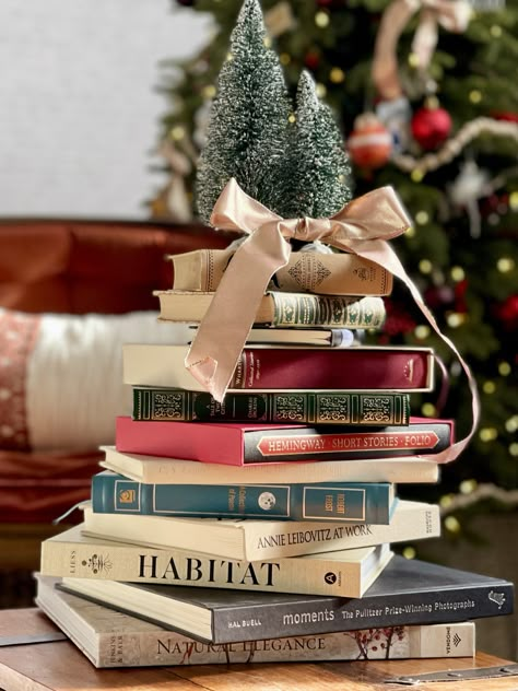 Christmas Eve Book Tradition, Christmas Book Photography, Books And Christmas Aesthetic, All Booked For Christmas, Books Christmas Aesthetic, Christmas Aesthetic Books, Christmas Book Basket, Christmas Book Photo, Book Club Christmas Party Ideas