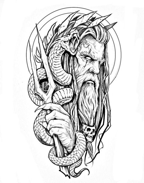 Hades Drawing Greek Mythology, Poseidon Tattoo Design Greek Mythology, Poseidon Drawing, Hades Tattoo, Half Sleeve Tattoos Sketches, Greek God Tattoo, Poseidon Tattoo, Tatuagem Masculina Pequena, Mystical Tattoos