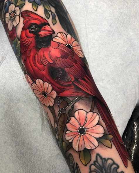 5,222 Likes, 49 Comments - Arielle Gagnon (@mermaidsketches) on Instagram: “Cardinal ♥️ To fill a gap in Marianne’s sleeve. Coming along nicely!” Garden Design Tattoo, Cardinal Sleeve Tattoos For Women, Neotraditional Cardinal, Red Cardinal Tattoos, Bird Tattoo Sleeves, Cardinal Tattoo, Red Bird Tattoos, Cardinal Tattoos, Thigh Sleeve