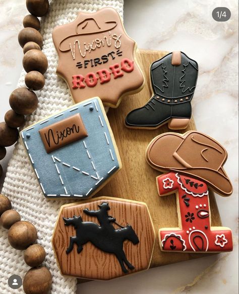 Cowboy First Birthday, Cowboy Themed Birthday Party, Wild West Birthday, Baby First Birthday Themes, Rodeo Birthday Parties, First Birthday Cookies, Western Birthday Party, Rodeo Party, Boys First Birthday Party Ideas