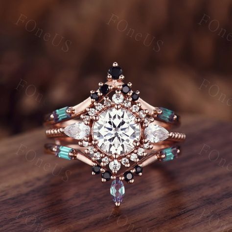 Vintage Moissanite Engagement Ring Set Unique Rose Gold - Etsy Gold Cluster Engagement Ring, Alexandrite Wedding Band, Vintage Moissanite Engagement Ring, Unique Engagement Ring Settings, Moissanite Engagement Ring Set, Deco Rose, Cute Engagement Rings, Unique Roses, Bridal Wedding Rings