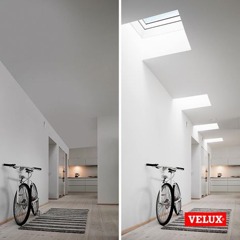 Before and after -  this room looks so much brighter with the roof windows. By installing roof windows you open up the space and get so much natural light. Bathroom Roof, Roof Room, Windows Blinds, Flat Roof Repair, Skylight Covering, Velux Skylights, Velux Windows, Roof Windows, Modern Roofing