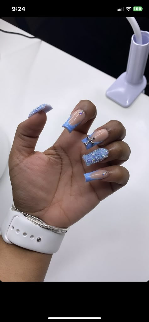 Prom Nails Baby Blue, White And Blue Birthday Nails, Blue And White Nails With Initials, 21st Birthday Nails Blue, Homecoming Nails Light Blue, Sweet 16 Nail Ideas Blue, Sky Blue Prom Nails, Light Blue And Silver Nails Acrylic, Birthday Nail Set Ideas Blue