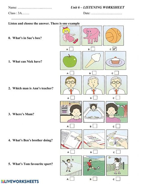 Listening comprehension interactive and downloadable worksheet. You can do the exercises online or download the worksheet as pdf. Listening Test Worksheet, Listening Worksheets For Kids, Listening Comprehension Worksheets, Listening Skills Worksheets, Listening Activities For Kids, Listening Worksheet, Cambridge Book, Listening English, Test For Kids