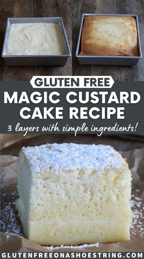 Gluten Free Custard, Magic Custard Cake Recipe, Glutenfri Baking, Magic Custard Cake, Custard Cake Recipes, Gluten Free Dessert, Gluten Free Cake Recipe, Easy Gluten Free Desserts, Custard Cake