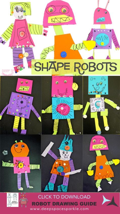 Free Shape Robots Earth Day Art Project | Recycled Materials Earth Day Kindergarten, Kindergarten Artwork, Robot Printable, Earth Day Art, Robots Art, Robots Artworks, Recycled Artwork, Robot Craft, Creative Art Projects