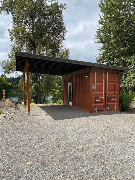 This shipping container carport provides storage and a parking space. It can be delivered to Oregon & Washington. Shipping Container Carport Garage, Lean To On Shipping Container, Shipping Container With Carport, Roof Over Shipping Container, Storage Container Office Ideas, Storage Container Shop Ideas, Shipping Container For Storage, Rv Covered Parking Carport Designs, Shipping Container Garage Ideas