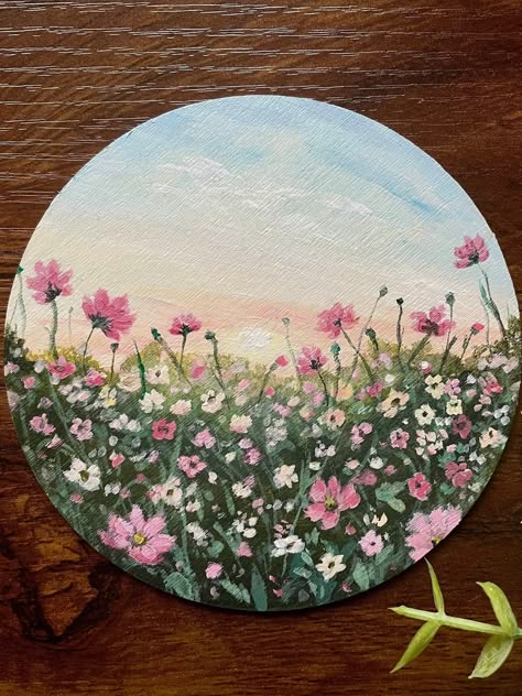 beautiful textured round floral wildflower and sunset landscape painting 10x10cm Acrylic on MDF board Painting Ideas On Circle Canvas, Cute Round Canvas Paintings, Round Flower Painting, Circle Landscape Painting, Flower Painted Records, Flower Painting Round Canvas, Sunset Landscape Painting, Circle Canvas, Cd Art