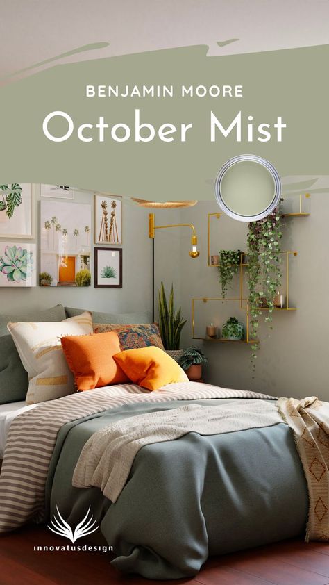 Discover Benjamin Moore’s Color of the Year 2022 – October Mist! Learn how to easily introduce this sage green paint color into your home. #paintcolorideas Green Paint Walls Bedroom, Sage Green Wall Kitchen Ideas, Benjamin Moore October Mist Bedroom, October Mist Color Schemes, October Mist Benjamin Moore Bedroom, Sage Green Bedroom Paint Colors, Spare Room Paint Colors, October Mist Bedroom, Bedroom Decor Green Walls