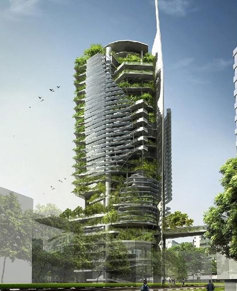 Eco-Friendly Tower,Singapore | See More Pictures | #SeeMorePictures Architecture Cool, Vertical Farming, Architecture Inspiration, Green Architecture, Amazing Buildings, High Rise Building, Sustainable Architecture, Futuristic Architecture, Modern Buildings