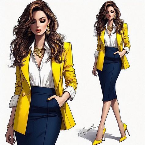 Spring Office Outfits, Office Outfit Ideas, Gold Statement Jewelry, Navy Pencil Skirt, Office Wardrobe, Yellow Blazer, Design Moda, Moda Chic, Fashion Illustration Dresses