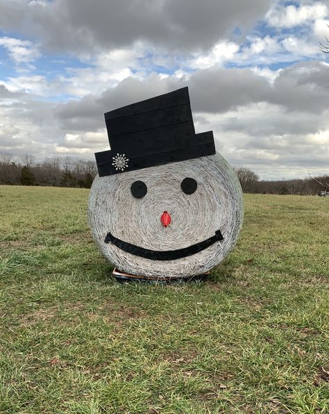 Round Bale Christmas Decorations, Christmas Bales Hay, Round Bales Of Hay Decor, Christmas Hay Bale Art, Grinch Hay Bale, Round Hay Bale Decorating Ideas Christmas, Snowman Hay Bale, Hay Bale Decorating Ideas Christmas, Christmas Hay Bale Decor