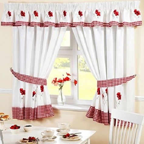 Best Kitchen Curtains | POPPY GINGHAM KITCHEN EMBROIDERED DRAPES CURTAINS RED WHITE W46 X L42 INC TIE BACKS *** Learn more by visiting the image link. Note:It is Affiliate Link to Amazon. #shoutoutback Red Kitchen Curtains, Rideaux Shabby Chic, Curtain Pelmet, Kitchen Curtain Sets, Shabby Chic Curtains, Net Curtains, Kitchen Curtain, Red Curtains, Beautiful Curtains