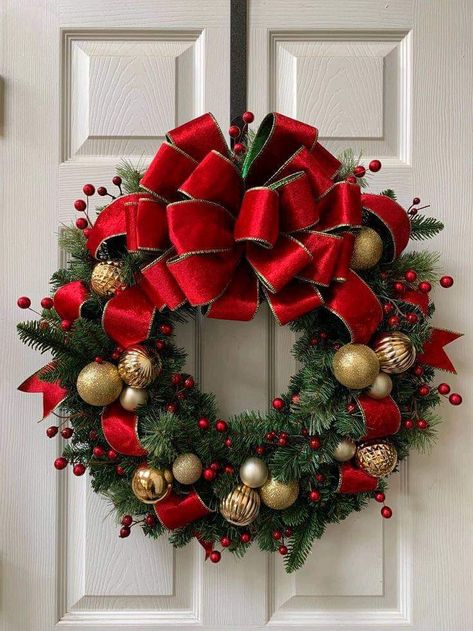 Diy Christmas Wreath With Ornaments, Christmas Wreaths Red And White, Traditional Red And Green Christmas Wreath, Christmas Tree Red And Gold Decorations, Gold And Red Christmas Wreath, Gold White And Red Christmas Decor, Classic Christmas Wreaths For Front Door, Xl Christmas Wreath, Christmas Decor Ideas Green And Red