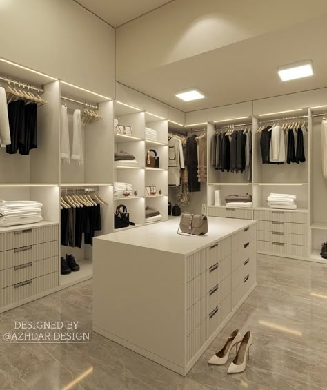 Modest Walk In Closet, Walk In Closet Aesthetic Minimalist, His And Hers Walk In Closet Design Master Suite, Large Walk In Closet With Island, Walk In Wardrobe With Island, Large Walk In Closet Design, Dressing Room With Island, Walk In Closet White, Walk In Closet Ideas With Vanity