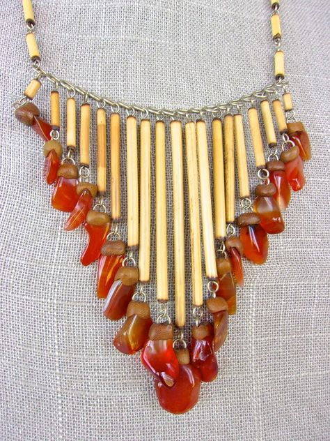 Carnelian Bamboo Dangle Necklace Boho South American Bib | Etsy Bamboo Necklace, Bamboo Jewelry, Fringe Jewelry, Dangle Necklace, Art Nouveau Floral, Snake Bracelet, Carnelian Stone, Dangle Necklaces, Antique Brooches