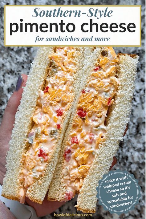 This easy Pimento Cheese recipe is made with whipped cream cheese so it remains soft and spreadable right out of the fridge! Perfect served as a dip or spread on sandwiches, or try using it in an omelette or stirred into the sauce for mac and cheese. You'll love this easy Southern recipe staple! Pimiento Cheese Sandwich, Cream Cheese Sandwich Spread, Spreads Recipes, Potted Meat Spread Recipes, Southern Pimento Cheese, Masters Pimento Cheese Recipe, Pimento Cheese Sandwich, Cheese Spread Sandwiches, Pimento Cheese Recipe