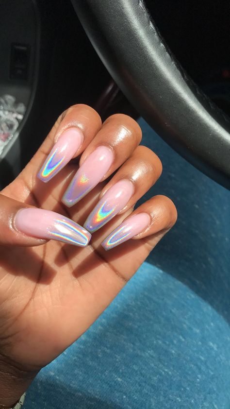 Hologram Ombre Nails, Hologram Chrome Nails, Holochrome Ombre Nails, Chrome Ambre Nails, Airadesent Nails, Crome Nails Design Ombre Pink, Pink Holographic French Tip Nails, Holographic Nail Tips, Chrome Ombre French Tip Nails