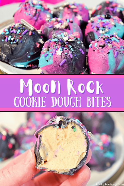 You can make your favorite edible cookie dough even better by turning it into Moon Rocks! With this easy and delicious technique, it's easy as pie (or should we say cookies!) to turn your favorite snack into something even more amazing! #cookiedough #dessertideas #funkidsfood #funkidfood #cookiedoughbites Two The Moon Dessert Table, Moon Rocks Recipe, Moon Themed Desserts, Galaxy Themed Desserts, Moon Themed Food, Moon Snacks, Eclipse Themed Desserts, Galaxy Food, Full Moon Themed Snacks