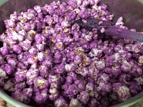 popcorn | Cookie Carrie Colored Popcorn Recipe, Candy Coated Popcorn, Purple Popcorn, Purple Candy Buffet, Coated Popcorn, How To Make Purple, Popcorn Recipes Easy, Colored Popcorn, Party Popcorn