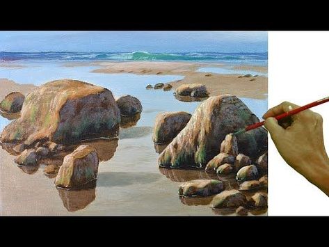 Acrylic Landscape Painting in Time-lapse / Shallow Beach / JMLisondra - YouTube | Landscape paintings, Landscape paintings acrylic, Fine art painting techniques How To Paint Rocks Acrylics, Acrylic Painting Rocks, Rock Tutorial, Drawing Rocks, Underwater Painting, Landscape Painting Tutorial, Canvas Art Projects, Acrylic Landscape, Landscape Paintings Acrylic