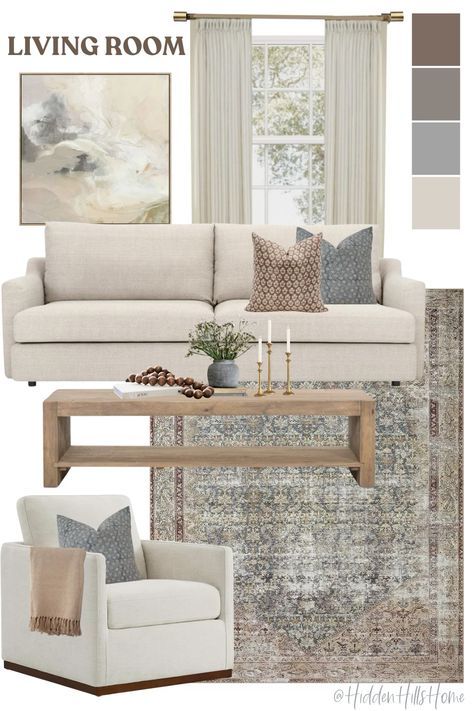 Beige And Grey Living Room, Blue And Cream Living Room, Barndo Interior, Blue Accents Living Room, Tilly Upholstered Bed, Brown And Blue Living Room, Mood Board Living Room, Modern Classic Living Room, Organic Living Room