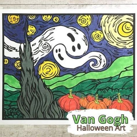 Here's a fun take on famous Van Gogh's A Starry Night. Create your own Scary Night art this Halloween with our free coloring page. A fun mixed media art activity for elementary aged kids! Your kids will love this STEAM project for the classroom, homeschool or distance learning. Learn how to make this simple and fun art project! #ElementaryArt #HalloweenArtProject Halloween Van Gogh, Starry Night Halloween, Grade 6 Halloween Art, Halloween Elementary Art Projects, Halloween Art Upper Elementary, Halloween Art First Grade, Halloween Art Projects For Middle School, Halloween Art Ideas, Halloween Elementary