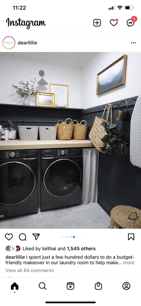 Black White Gold Laundry Room, Laundry Room Ideas Dark, Black And White Laundry Room, Room Ideas Dark, Laundry Room Colors, White Laundry Rooms, Green Laundry, Laundry Appliances, New Room Ideas