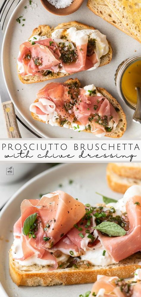 Looking for easy bruschetta recipe ideas? Try this crunchy prosciutto bruschetta that's layered with creamy burrata, thinly shaved prosciutto, and spoonfuls of fresh chive dressing - super tasty toppings! Perfect for a spring and summer appetizer or snack. Bruschetta With Prosciutto, Bruschetta Board Recipe, Burrata And Proscuitto, Prochutto Recipes Prosciutto, Bruschetta Prosciutto, Prosciutto Toast, Prosciutto Bruschetta, Bruschetta Board, Bruchetta Appetizers