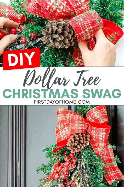 Learn how to make an easy budget-friendly DIY Christmas swag for your front door, window or lantern. This video tutorial gives you all the tools and tips you need to make gorgeous Christmas DIY Christmas decor without breaking the bank! Come see what 5 other vloggers came up with for their Christmas swags too! #dollartree #christmascrafts #diydecor #christmasswag #wreaths #firstdayofhome Diy Christmas Teardrop Swag, Diy Window Swag Christmas, How To Make Swags, Christmas Window Swags Outdoor Diy, Christmas Teardrop Swags Diy, Diy Swags How To Make, How To Make A Swag Wreath Step By Step, Dollar Tree Christmas Swag, Dollar Tree Christmas Tree Swag