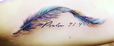 Watercolor Feather Tattoo from Iron Lotus Cedar Rapids Psalm 91:4 Route 91 Feather Bible Verse Tattoo, Psalms 91 4 Tattoo, Psalm 91 4 Tattoo Feathers, Cross Feather Tattoo, Psalm 91 Tattoos For Women, Psalm 91 4 Tattoo, Psalm Tattoo Women, Psalms 91 Tattoo, Psalm 91 Tattoo