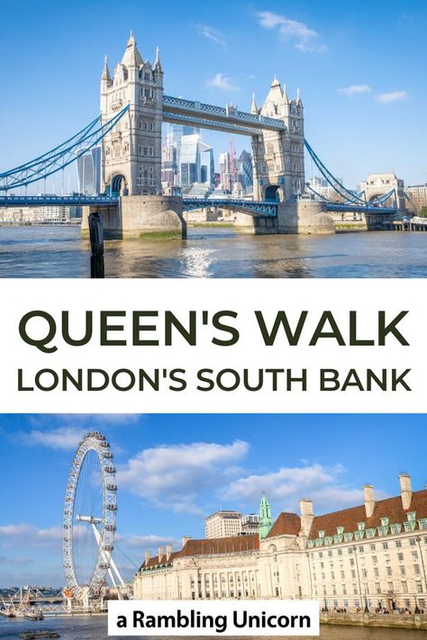 Planning a trip to London? Be sure to take a stroll along the Queen's Walk, a terrific London walking route along the south bank of the Thames. The easy walking route passes major tourist attractions such as the Tower Bridge, Shakespeare's Globe Theatre, London Eye, and Big Ben.| Queen's Walk London | Queen's Walk | Southbank Walk | Southbank London | South Bank London | London Walks | London walking tours | London walking routes | London walking | Tower Bridge | Tower Bridge London | London Eye London Walking Routes, South Bank London, England Sightseeing, Globe Theatre London, London Trip Planning, Southbank London, Europe Hiking, London Walks, London Walking Tours