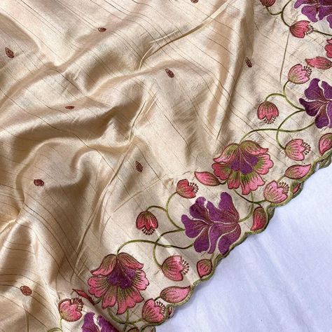 Premium tussar silk saree with all over beautiful contrast embroidery work and motifs with cutwork border. For orders dm us or visit: www.pahrava.com Link in bio. #saree #sareefashion #Pahrava #silksarees #handwork #embroidery Contrast Embroidery, Tussar Silk Saree, Fancy Sarees, Saree Styles, Embroidery Work, Blouse Length, Cut Work, Work Blouse, Silk Saree