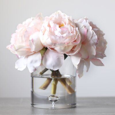 Rosdorf Park Peonies Floral Arrangements in Vase Flower Colour: Blush Peony Arrangement, Flower Colour, Clear Glass Vase, Summer Front Door Wreath, Faux Flower Arrangements, Artificial Flower Bouquet, Little Life, Forever Flowers, Real Touch Flowers