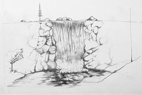 Draw A Waterfall, Waterfall Sketch, Waterfall Drawing, Landscape Drawing Tutorial, Drawings With Meaning, Crown Tattoo Design, Mountain Drawing, Water Drawing, Sketching Techniques