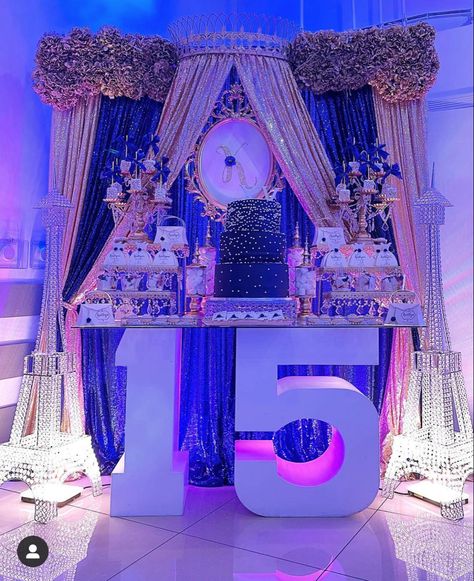 15 Themes Quinceanera, Dark Blue Quinceanera, Blue Butterfly Quinceanera Theme, Navy Blue Quinceanera Ideas, Quince Venues, Royal Blue Quince Theme, Royal Blue Quinceanera Theme, Midnight Theme, Xv Invitations