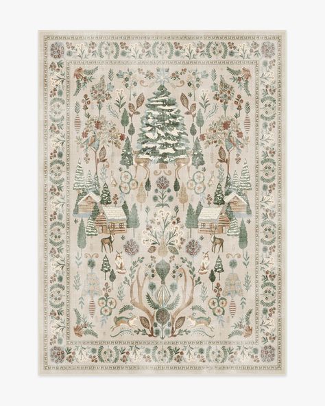 Step into a whimsical wonderland with our Juniper Neutral Multicolour Rug. This cottagecore-inspired tapestry design features pine trees, winter animals, log cabins, and pretty foliage. The warm neutral background is adorned with soft, vintage greens and reds, accented by pops of cream and gold. Water-resistant, stain-resistant, and machine-washable. Rug colours may vary slightly according to your device and the lighting in your space. Multicolor Rug, Holiday Rugs, Ruggable Rug, Dollhouse Christmas, Christmas Rugs, Whimsical Wonderland, 9x12 Area Rugs, Winter Animals, Log Cabins