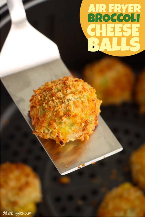 Air Fryer Broccoli Cheese Balls - Fresh chopped broccoli and Colby jack cheese rolled in Panko crumbs, then air fried until crunchy and golden brown. The perfect combination of crispy and creamy in every bite makes them an irresistible snack or appetizer! Air Fryer Broccoli Cheddar Bites, Fried Broccoli And Cheese Balls, Broccoli Cheese Bites Air Fryer, Broccoli Cheese Balls Air Fryer, Air Fryer Broccoli Bites, Breaded Broccoli Air Fryer, Baked Broccoli Cheese Balls, Broccoli Recipes Air Fryer, Broccoli Balls