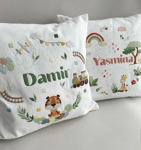 Embroidered Nursery Decor, Punch Needle Nursery, Embroidery Baby Pillow, Punch Needle Pillow Kids, Personalised Baby Gifts Embroidery, Baby Pillow Case, Embroidery Hoop Art Diy, Embroidery Stitches Beginner, Cushion Embroidery