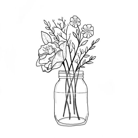 mason jar with wildflowers Wildflowers Drawing, Simple Flower Drawing, Floral Sketch, Arte Doodle, Flower Drawing Tutorials, Men Tattoos, Flower Drawing Design, Flower Sketches, Sketches Simple