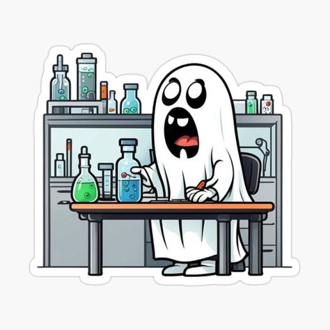 Get my art printed on awesome products. Support me at Redbubble #RBandME: https://www.redbubble.com/i/sticker/Laboratory-Ghost-Working-In-A-Lab-Halloween-Decor-Clinical-Technician-Scientist-Chemistry-Teacher-Professor-Spooky-Gift-by-Grannysgoods/163138382.EJUG5?asc=u Chemistry Decorations, Halloween Chemistry, Lab Decorations, Scientist Lab, Clinical Chemistry, Chemistry Teacher, Spooky Gifts, Halloween Door, Cute Doodles