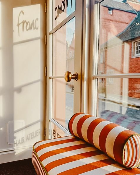 Burnt Orange & Cream Soda, embracing the colours of the surrounding Heritage Quarter. This bespoke stripe for unisex salon @franchairstudio in Dunfermline, Fife was upholstered by @millcroft_upholstery and fits in perfectly with The Abbey and the neighbouring architecture. A mix of midi and skinny stripes…we LOVE IT. Orange Cream Soda, Cream Soda, Orange Cream, Burnt Orange, Bespoke, Upholstery, Stripes, Architecture, Cream