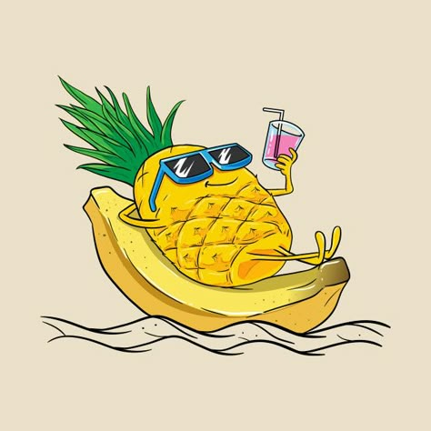 Tropical T Shirt Designs, Pineapple Graphic Design, Summer Vacation Drawing, Pineapple Grill, Cute Mascot Design, Pineapple Cartoon, Summer Tshirt Designs, Coconut Vector, Banana Shop