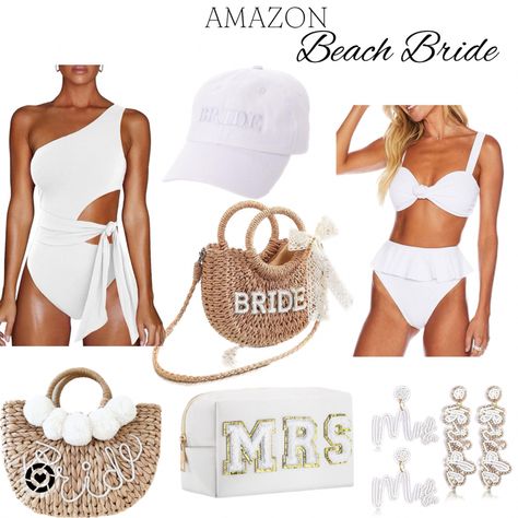 Beach Bride Accessories, Bridal Outfits For Bachelorette, Wedding Bathing Suit Brides, Cabo Bachelorette Outfits, Bride Beach Outfit, Bachelorette Bathing Suit Ideas, Bachelorette Beach Outfits, Beach Bachelorette Outfits, Bride Swimwear