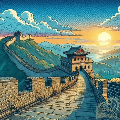 https://card9.com/ai/comic-the-great-wall-of-china Great Wall Of China Tattoo, Great Wall Of China Drawing, Chinese Places, Chinese Crafts, China City, Ceiling Art, Wall Drawing, Great Wall Of China, China Art