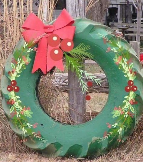 Upcycled / repurposed tractor tire as a Christmas wreath. Great addition to holiday farm decor! Cowboy Christmas, Christmas Decorations Diy Outdoor, Christmas Yard, Fall Decorations, Christmas Centerpieces, Country Christmas, Christmas Deco, Xmas Crafts, Outdoor Christmas Decorations